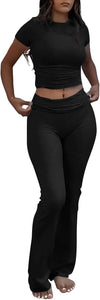 Two Piece Outfits Short Sleeve Crop High Waist Foldover Flare Pantsimage 8