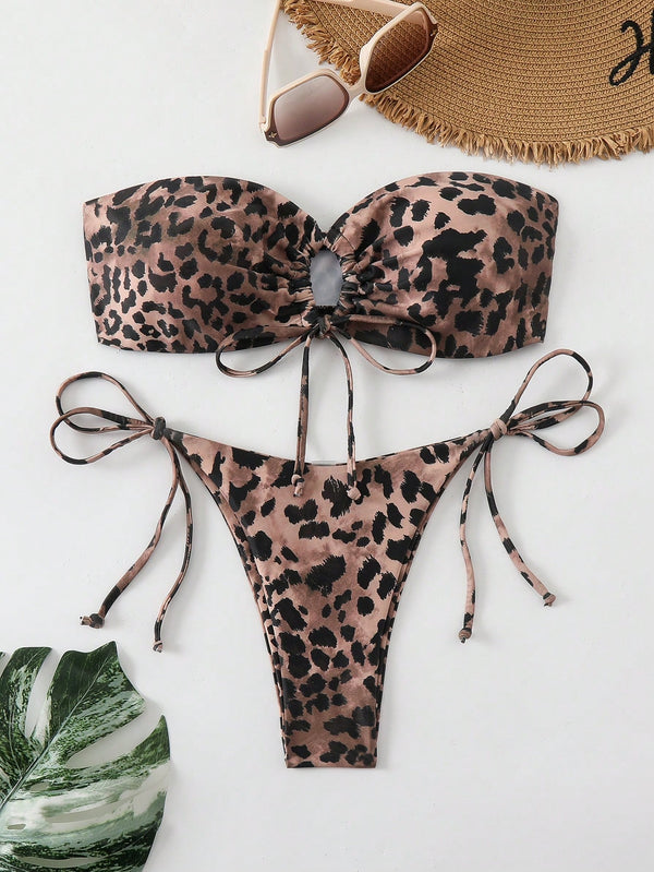 Zebra Stripe Print Strapless Tie Front Bikini Set image 6