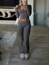 Tight Fit Solid Color Square Collar Long Sleeve Top & Pants Suit image 21