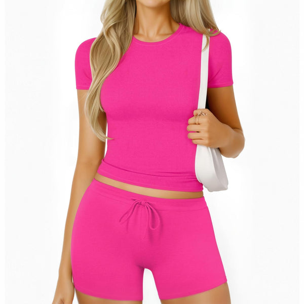 Two Piece Lounge Set Slim Fitted Short Sleeve Tops T-shirt Drawstring Shorts image 0