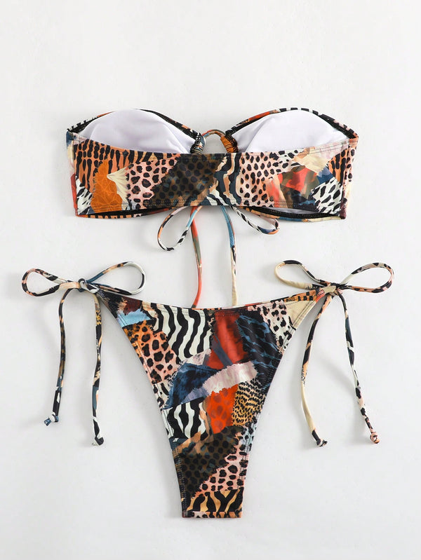 Zebra Stripe Print Strapless Tie Front Bikini Set image 1