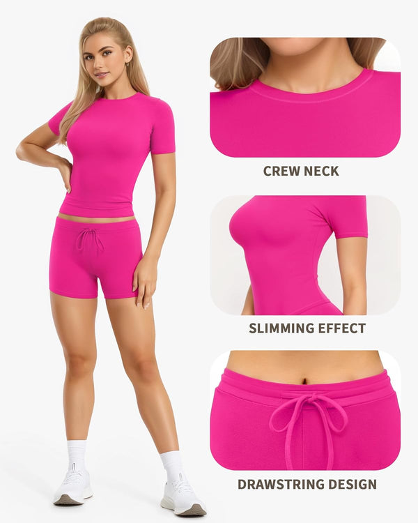 Two Piece Lounge Set Slim Fitted Short Sleeve Tops T-shirt Drawstring Shorts image 9