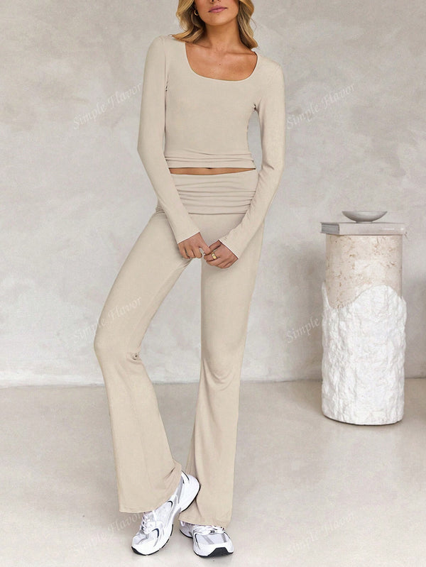 Tight Fit Solid Color Square Collar Long Sleeve Top & Pants Suit image 3