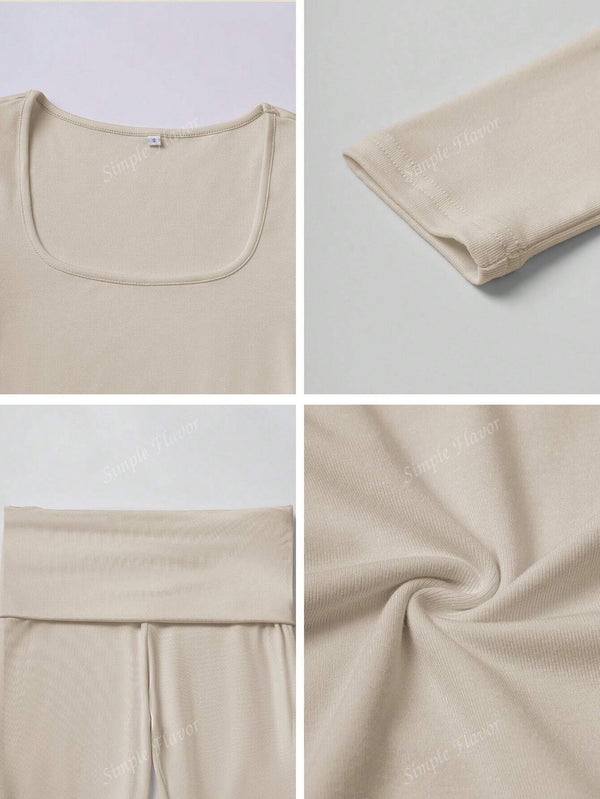 Tight Fit Solid Color Square Collar Long Sleeve Top & Pants Suit image 9