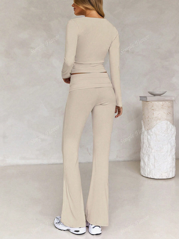 Tight Fit Solid Color Square Collar Long Sleeve Top & Pants Suit image 2