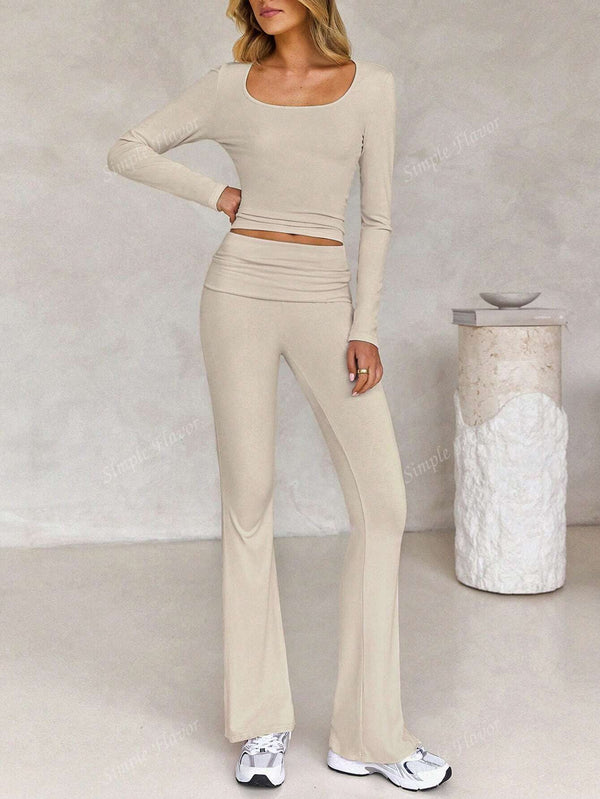 Tight Fit Solid Color Square Collar Long Sleeve Top & Pants Suit image 6