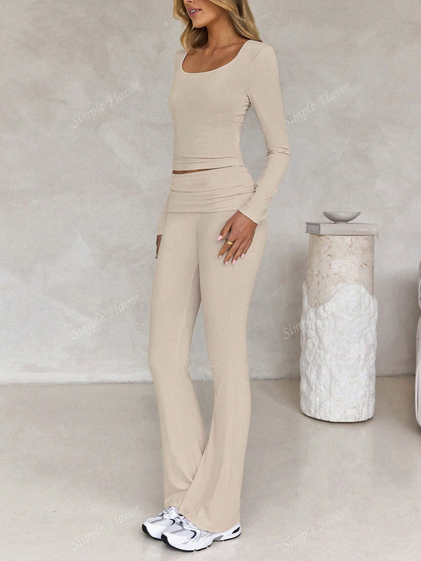 Tight Fit Solid Color Square Collar Long Sleeve Top & Pants Suit image 7