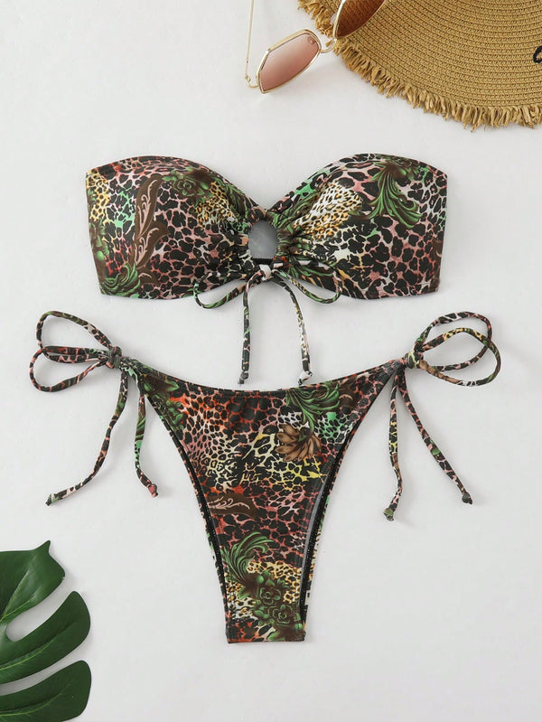 Zebra Stripe Print Strapless Tie Front Bikini Set image 5