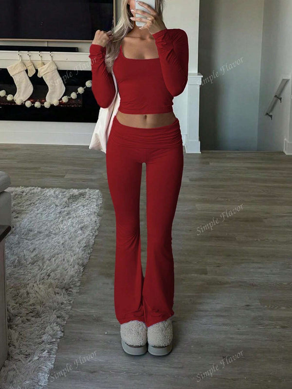 Tight Fit Solid Color Square Collar Long Sleeve Top & Pants Suit image 24