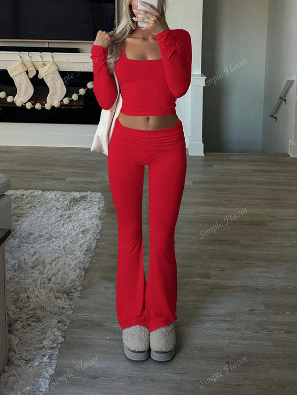 Tight Fit Solid Color Square Collar Long Sleeve Top & Pants Suit image 17