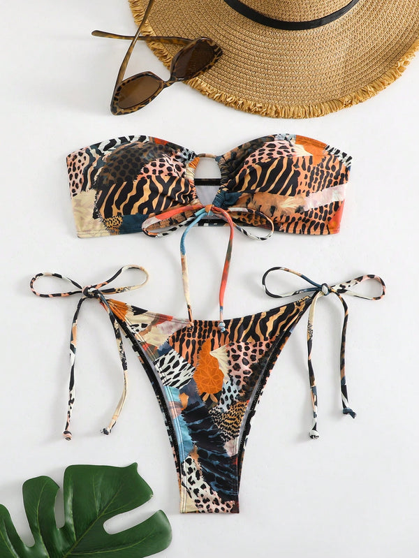 Zebra Stripe Print Strapless Tie Front Bikini Set image 0