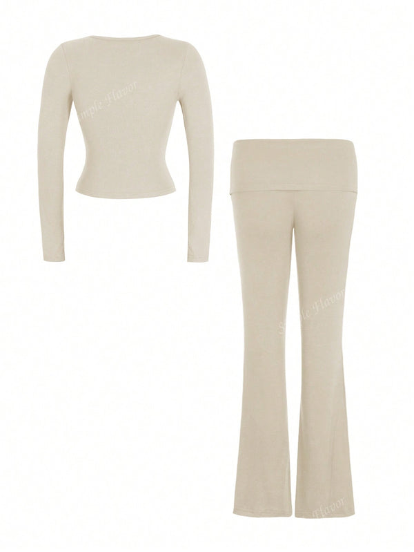 Tight Fit Solid Color Square Collar Long Sleeve Top & Pants Suit image 8