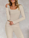 Tight Fit Solid Color Square Collar Long Sleeve Top & Pants Suit image 4