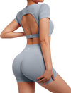 Open Back Short Sleeve Scrunch Butt Booty Shorts Seamless Ribbed Workout Set image 2