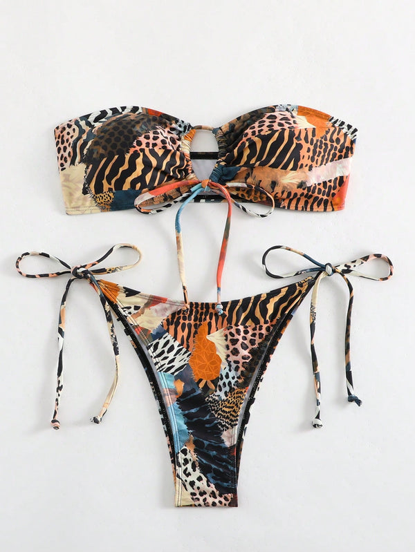 Zebra Stripe Print Strapless Tie Front Bikini Set image 3