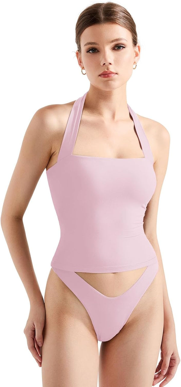 Double Lined Halter Going Out Tops Open Back Basic Cami Tank Tops image 0