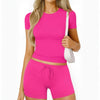 Two Piece Lounge Set Slim Fitted Short Sleeve Tops T-shirt Drawstring Shorts image 0