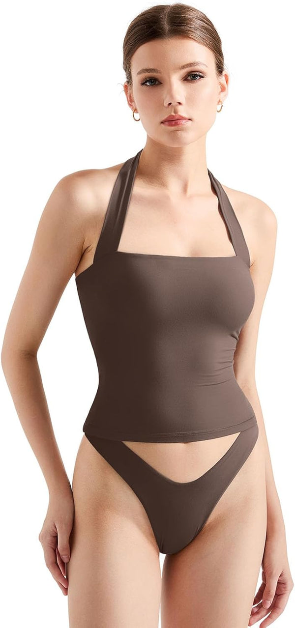 Double Lined Halter Going Out Tops Open Back Basic Cami Tank Tops image 5