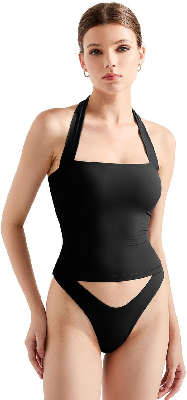 Double Lined Halter Going Out Tops Open Back Basic Cami Tank Tops image 3