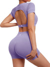 Open Back Short Sleeve Scrunch Butt Booty Shorts Seamless Ribbed Workout Set image 0