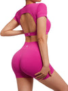 Open Back Short Sleeve Scrunch Butt Booty Shorts Seamless Ribbed Workout Set image 1