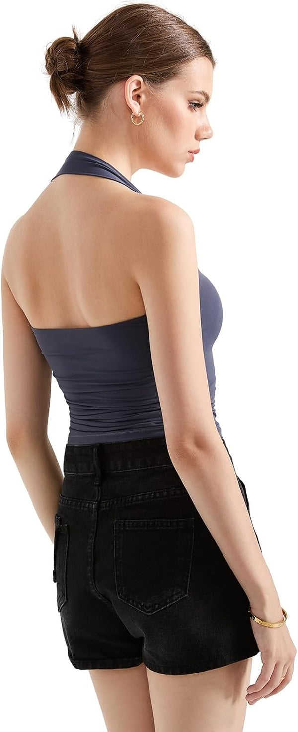 Double Lined Halter Going Out Tops Open Back Basic Cami Tank Tops image 7