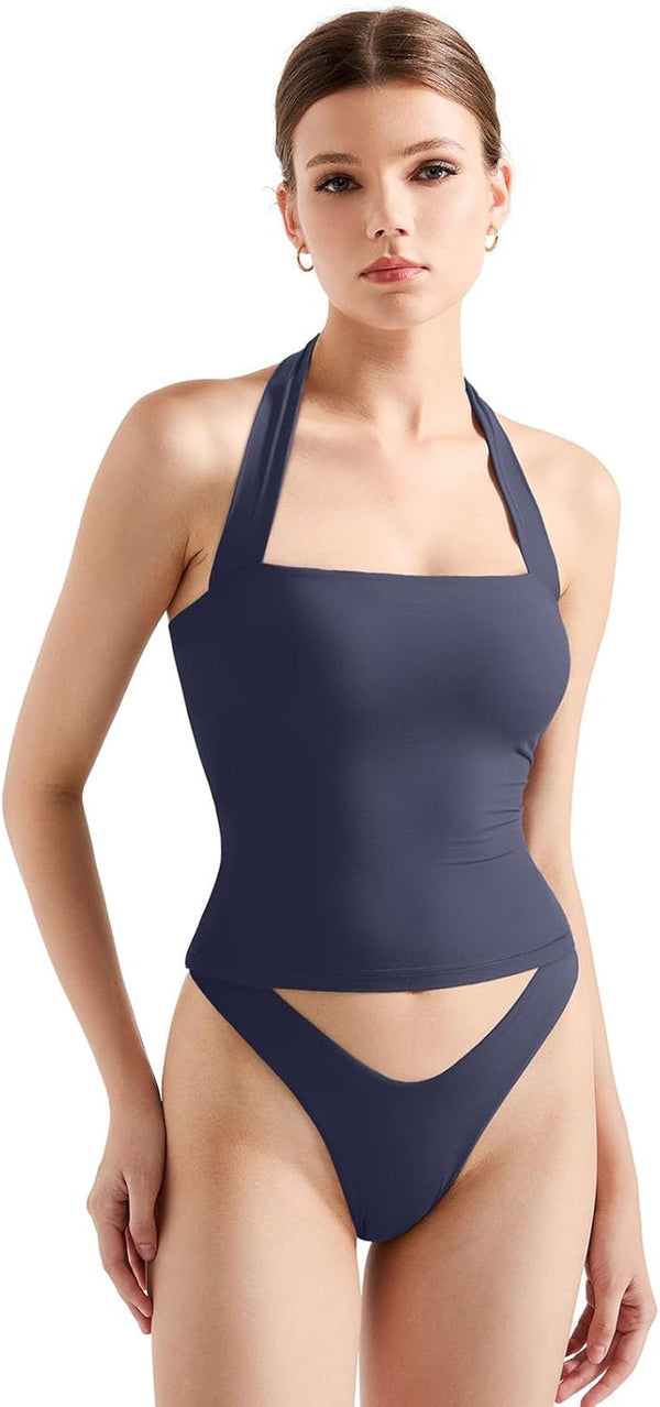 Double Lined Halter Going Out Tops Open Back Basic Cami Tank Tops image 2