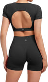 Open Back Short Sleeve Scrunch Butt Booty Shorts Seamless Ribbed Workout Set image 9
