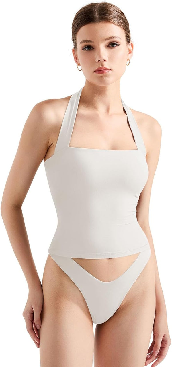 Double Lined Halter Going Out Tops Open Back Basic Cami Tank Tops image 1