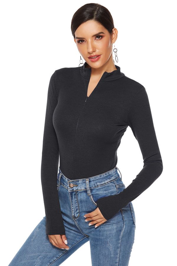 Long Sleeve Ribbed Zip Up Bodysuit image 2