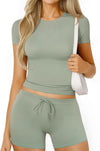 Two Piece Lounge Set Slim Fitted Short Sleeve Tops T-shirt Drawstring Shorts image 2
