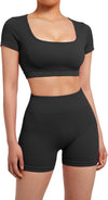 Open Back Short Sleeve Scrunch Butt Booty Shorts Seamless Ribbed Workout Set image 11