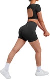 Open Back Short Sleeve Scrunch Butt Booty Shorts Seamless Ribbed Workout Set image 10