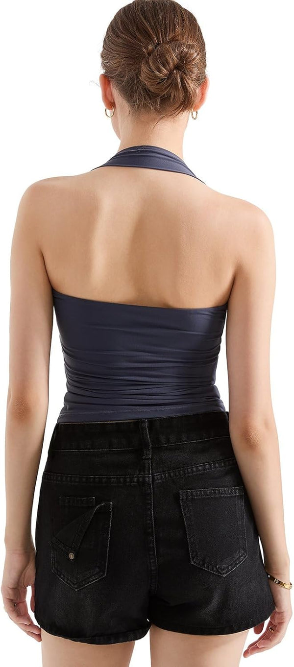 Double Lined Halter Going Out Tops Open Back Basic Cami Tank Tops image 6